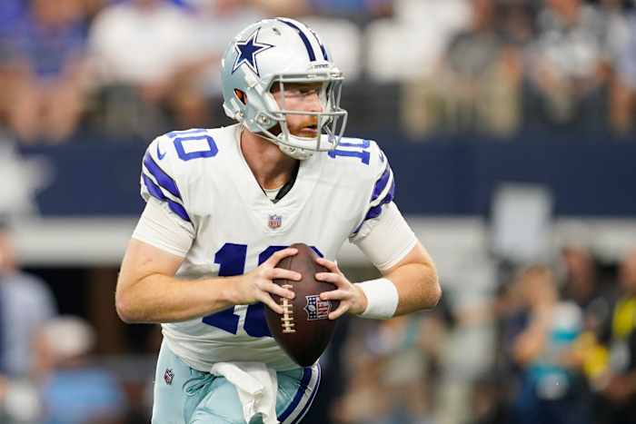 Cooper Rush prepares to make a pass for the Cowboys.